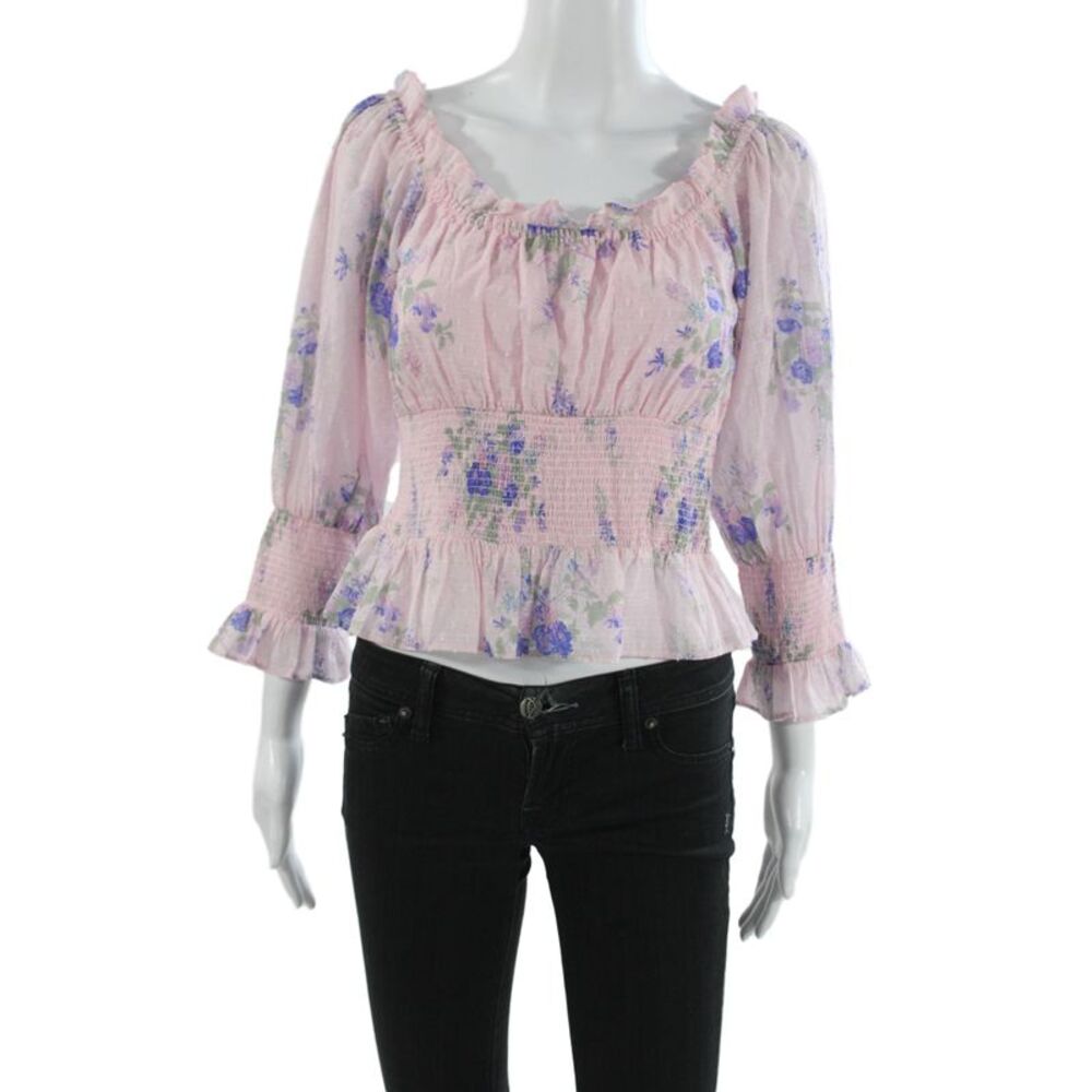 Love Shack Fancy Womens Cropped Floral Long Sleeve Blouse Pink Size S